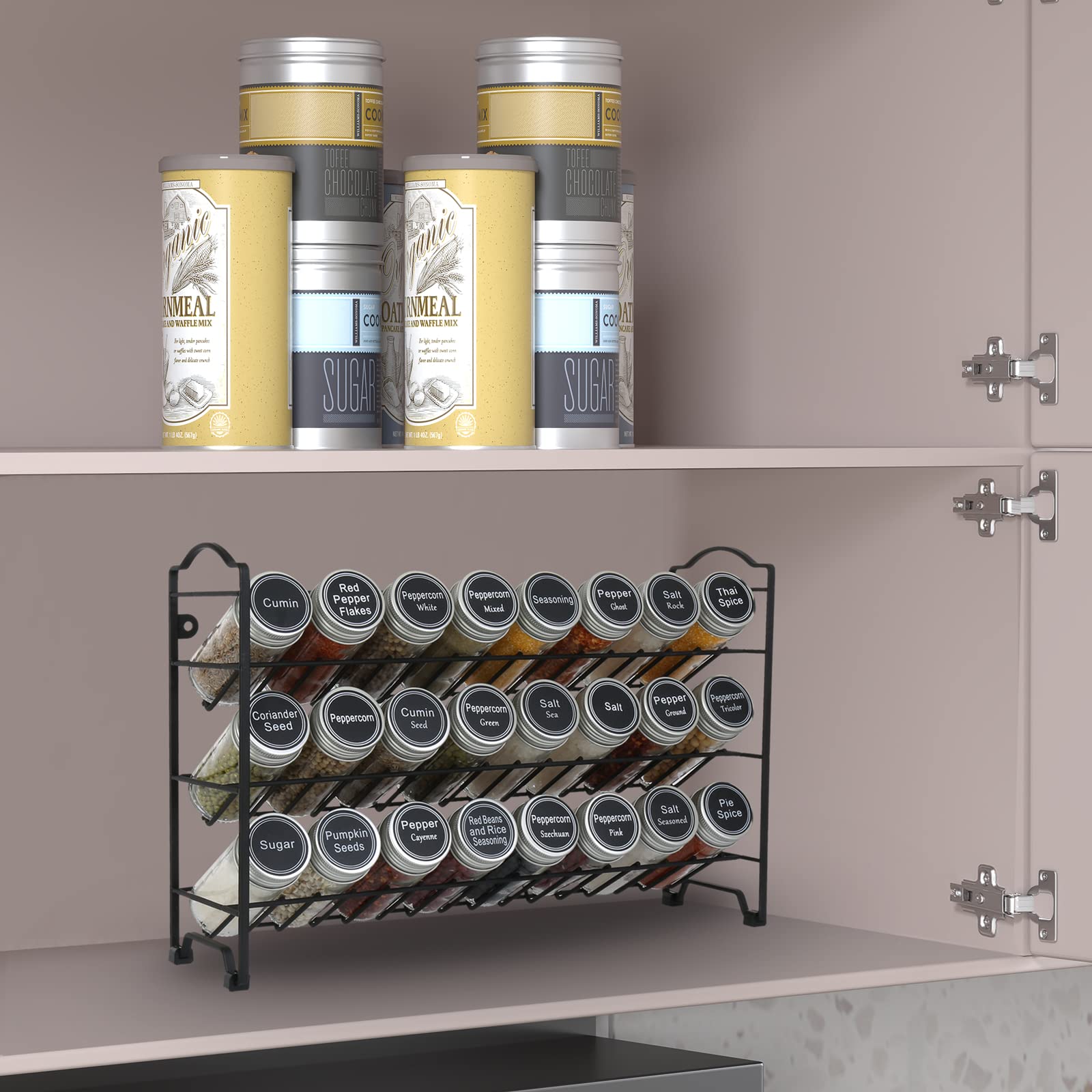 SWOMMOLY 3 Tier Spice Rack Organizer with 24 Empty Round Spice Jars, 396 Spice Labels, Funnel and Chalk Marker Complete Set, Black