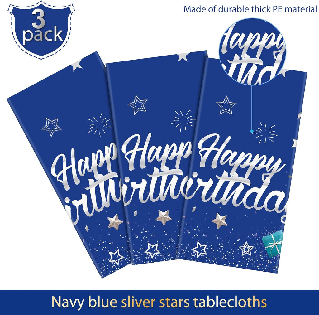 Tegeme Navy Blue Party Supplies - Happy Birthday Tablecloths with Starry Confetti | 3 Pack for Kids' Celebrations