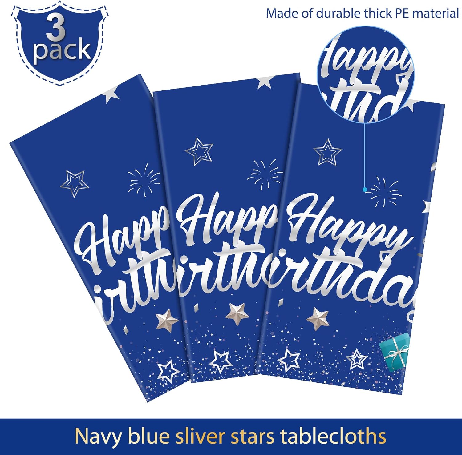 Tegeme Navy Blue Party Supplies - Happy Birthday Tablecloths with Starry Confetti | 3 Pack for Kids' Celebrations