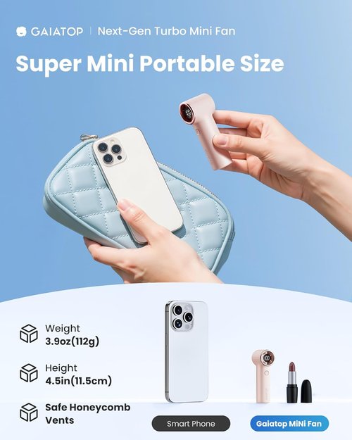 Gaiatop Mini Portable Handheld Fan - High-Speed 4000mAh Turbo Fan | 15h Runtime, Pocket Size, Pink