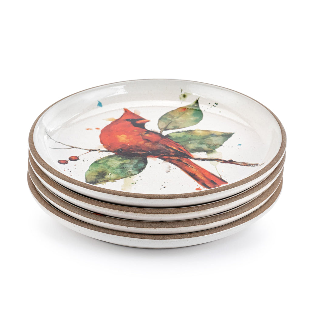 DEMDACO Dean Crouser Collection Red Watercolor Cardinal 6.5 inch Stoneware Appetizer Plates Set of 4