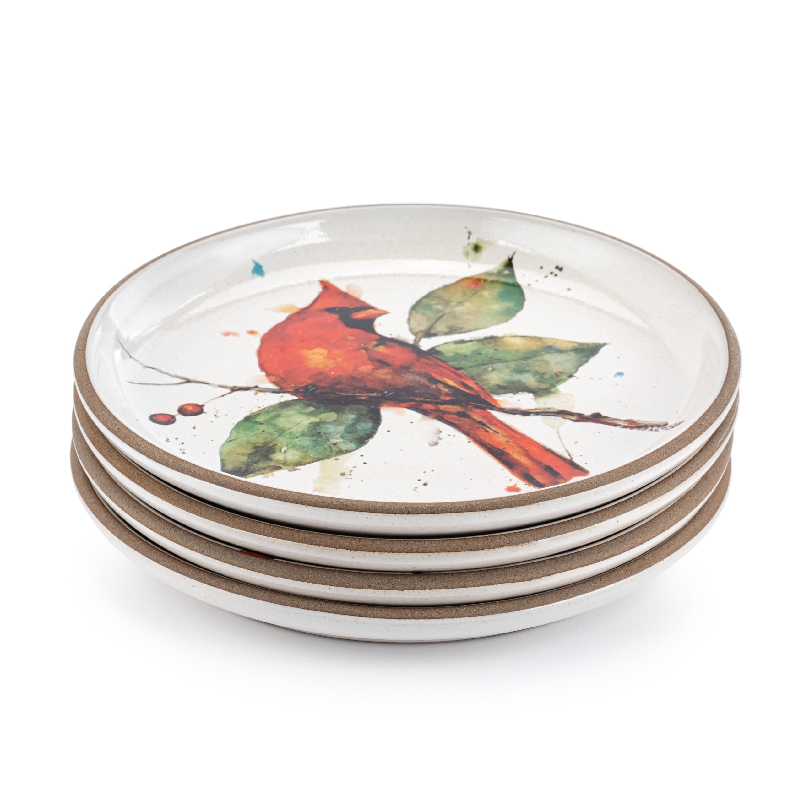 DEMDACO Dean Crouser Collection Red Watercolor Cardinal 6.5 inch Stoneware Appetizer Plates Set of 4