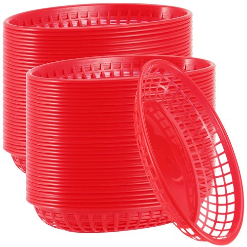 MUKCHAP 60 Pack Red Plastic Fast Food Serving Baskets, 9 x 5.6 x 1.5 Inch Oval Restaurant Serving Baskets for Bread, Fried Chicken, Burgers, Sandwiches, Fries