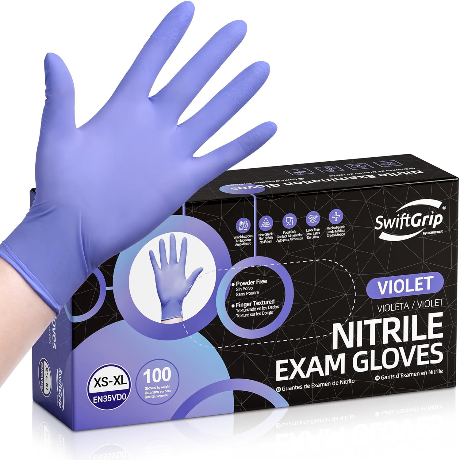 SwiftGrip Disposable Nitrile Exam Gloves - 3mil, Medium, Box of 100 | Latex-Free, Powder-Free, Violet for Medical & Food Use