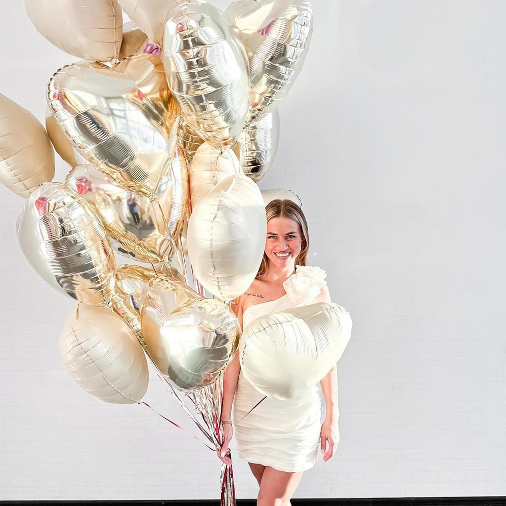 Skiennix Heart Balloons - 12Pcs Cream White & Gold Foil Balloons | 18-Inch Beige Helium Decor for Baby Showers & Weddings