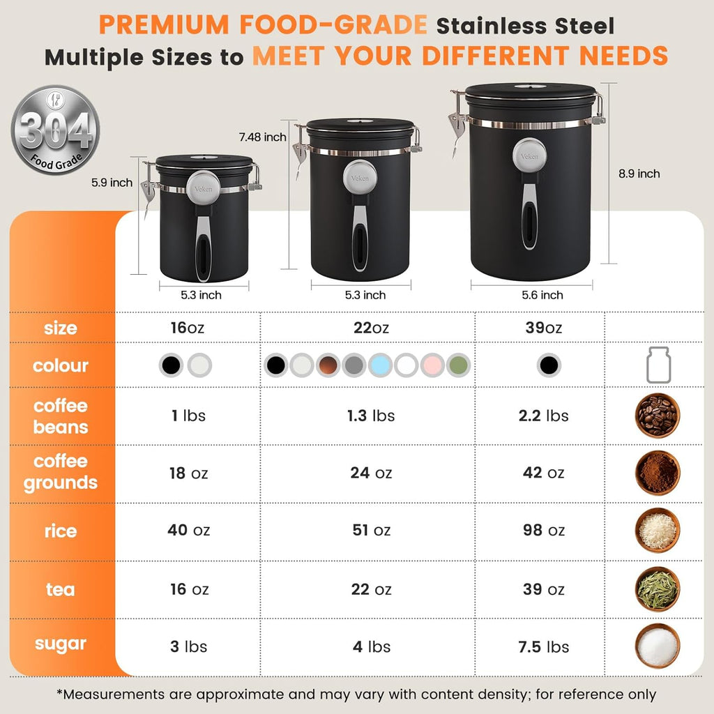 Veken Coffee Canister - Airtight Stainless Steel Storage Container with Window | 22oz Black for Coffee, Tea, and More