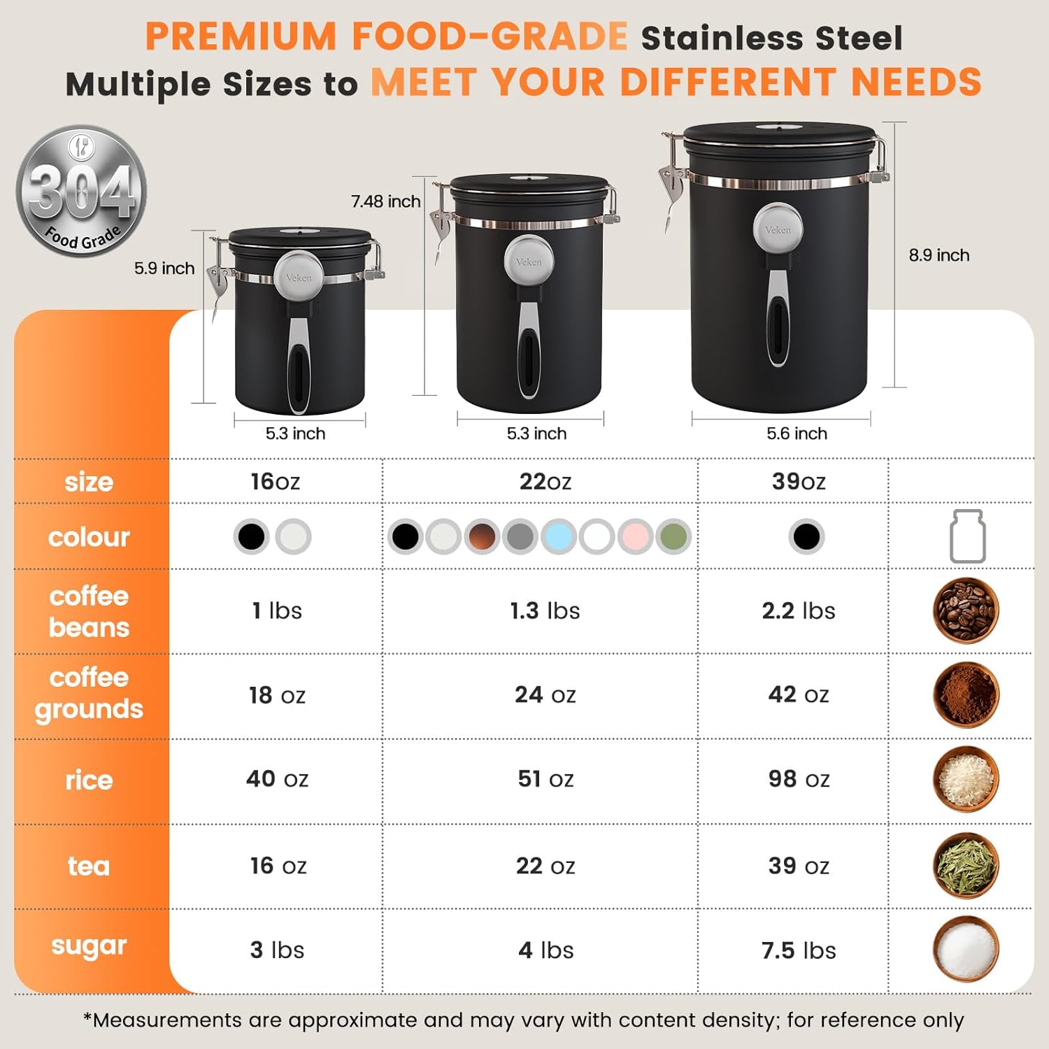 Veken Coffee Canister - Airtight Stainless Steel Storage Container with Window | 22oz Black for Coffee, Tea, and More