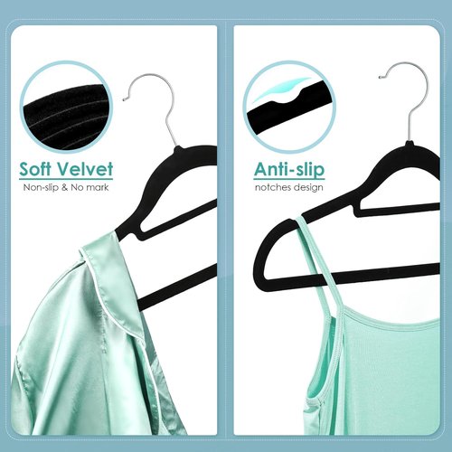 DUDUCOFU Velvet Hangers - Non-Slip Felt Clothes Hangers | 50 Pack Black Space-Saving Slim Design with 360° Swivel Hook for Suits, Coats, and Dresses