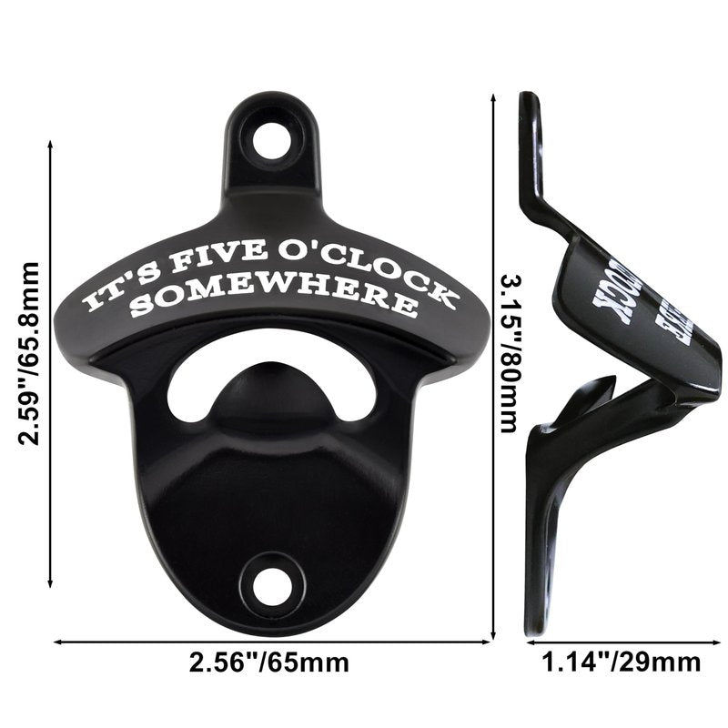 HAIICEN Black Wall Mounted Bottle Opener with Cap Catcher Stainless, IT'S FIVE O'CLOCK SOMEWHERE Screw in Wall Beer Cap Opener Bucket Gift