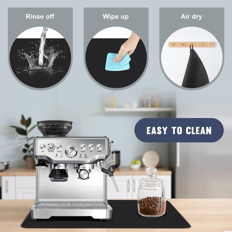 Waterproof Coffee Mat for Ninja ES601 ES701 Breville, 23.6 x 15.7 Inch Espresso Machine Bar Accessories, Hide Stain Rubber Backed, Dish Drying Mat with Easy Clean Surface for Kitchen Counters, Black
