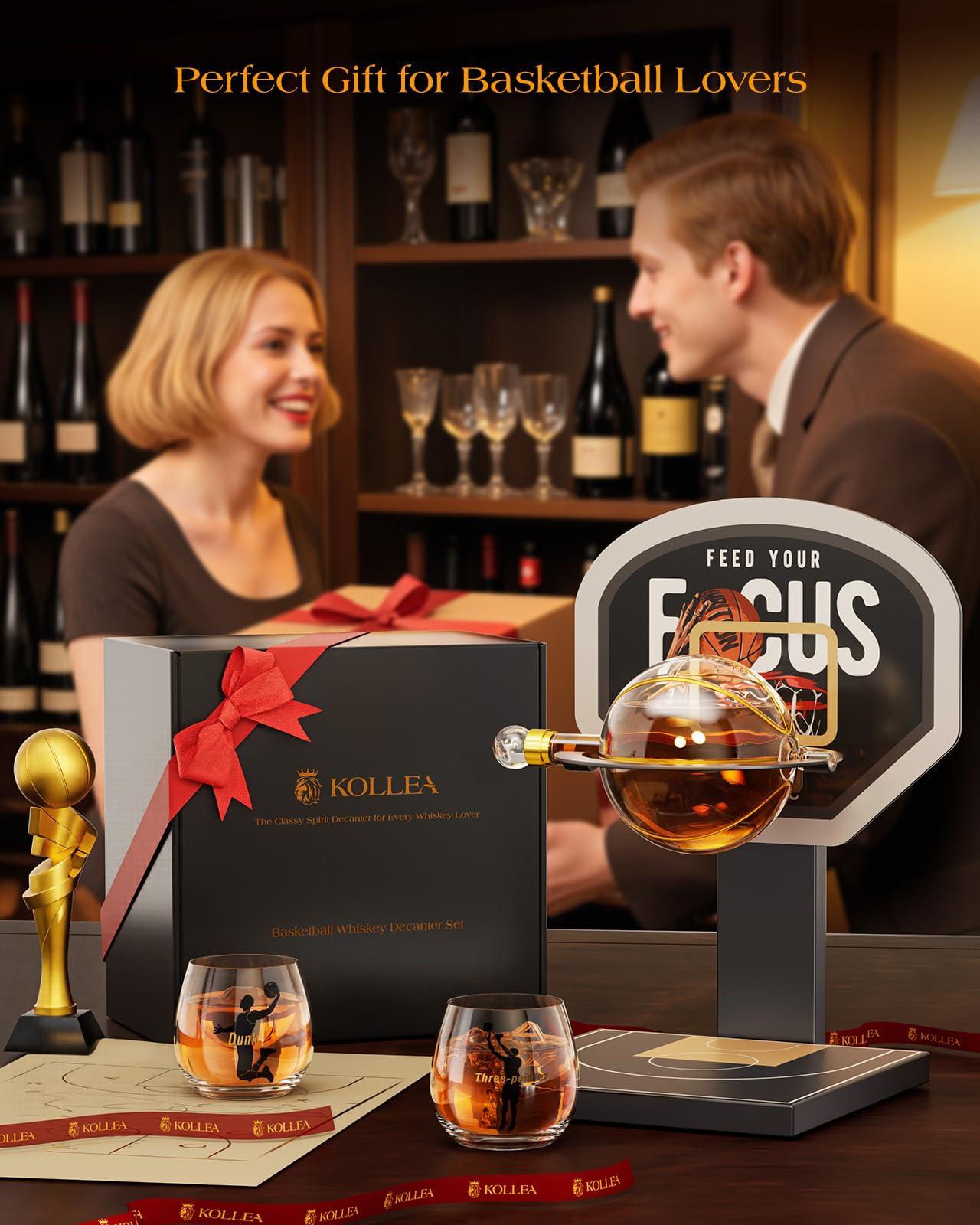 Kollea Basketball Whiskey Decanter Set with Black Court Stand & 2 Glasses, Stylish Liquor Decanter Gift for Men, Dad, Brother, Husband, Sports Lover - Birthday, Anniversary, Christmas, Retirement Gift