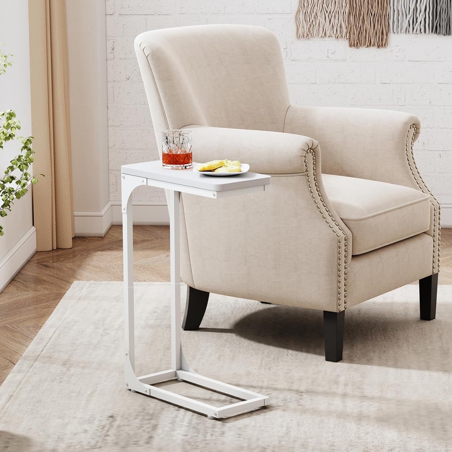 QEEIG Narrow C Shaped Side Table Set of 2 - Modern Slim Couch Tray Tables | White, 7-Inch Width