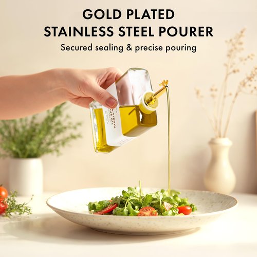 EDELHAUS Glass Olive Oil Dispenser Bottle Set [2x17oz]: 36 Premium Gold Labels, Oil Dispenser for kitchen, Vinegar Bottle Set, Glass Dispensers for Soy Sauce, Syrup Bottles | Set of 2