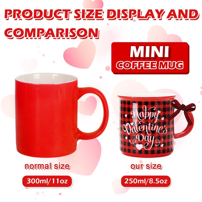 Whaline 6Pcs Valentine Mini Coffee Mug with Ribbon Red Black Plaid Heart Truck Cupid Tiered Tray Decor for Anniversary Wedding Gift