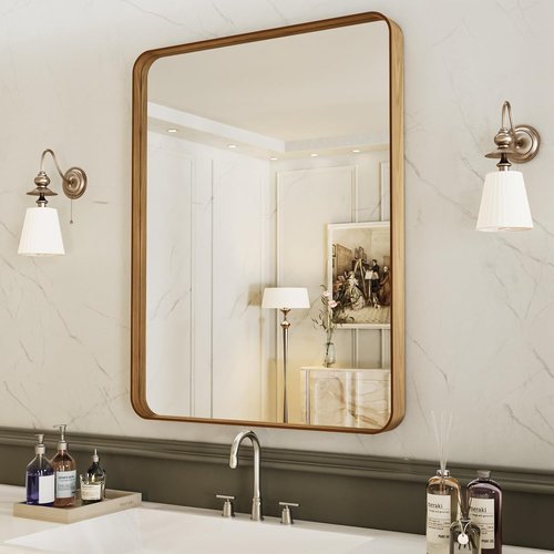 LOAAO Bathroom Mirror - 32X36 Inch Rounded Rectangle with Wood Grain Metal Frame | Anti-Rust, Versatile Hanging Options