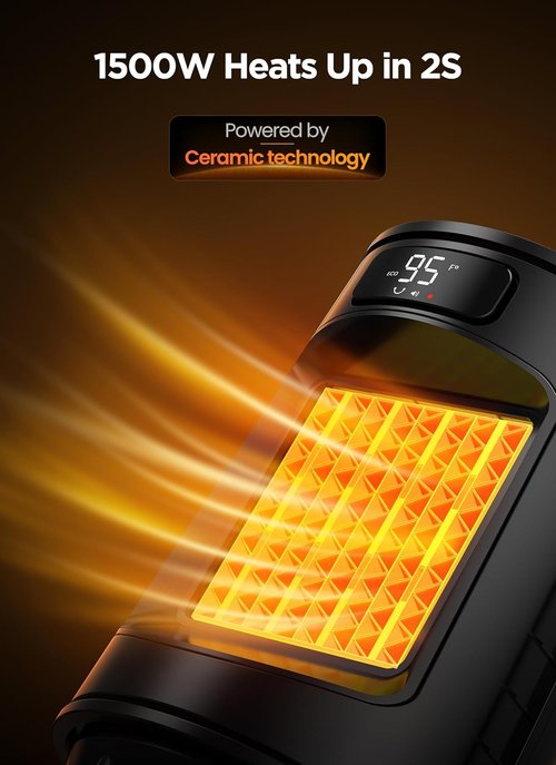 GiveBest Electric Space Heater - Portable Indoor Heater with Thermostat & Remote | 1500W PTC Ceramic, 70° Oscillation, 12H Timer