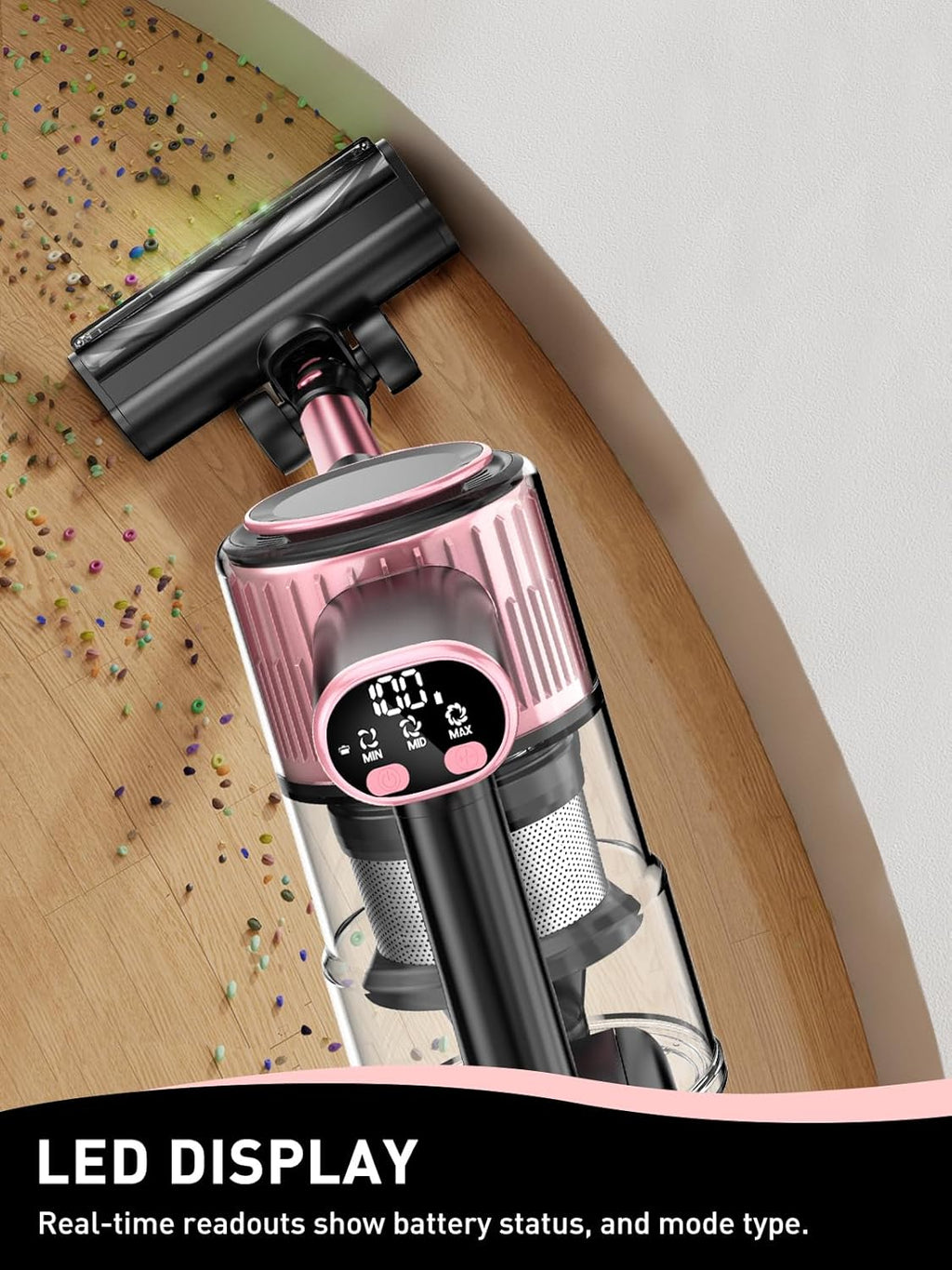 VICEASE Cordless Vacuum Cleaner - 8-in-1 Powerful Suction with LED Display & 45 Min Battery Life | Pink