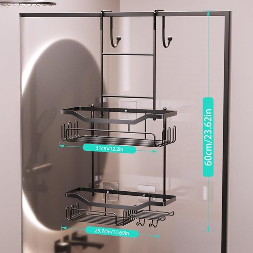 HapiRm Hanging Shower Caddy - No-Drill Over the Door Organizer with Soap Holder & 11 Hooks | Rustproof 304 Stainless Steel - Black