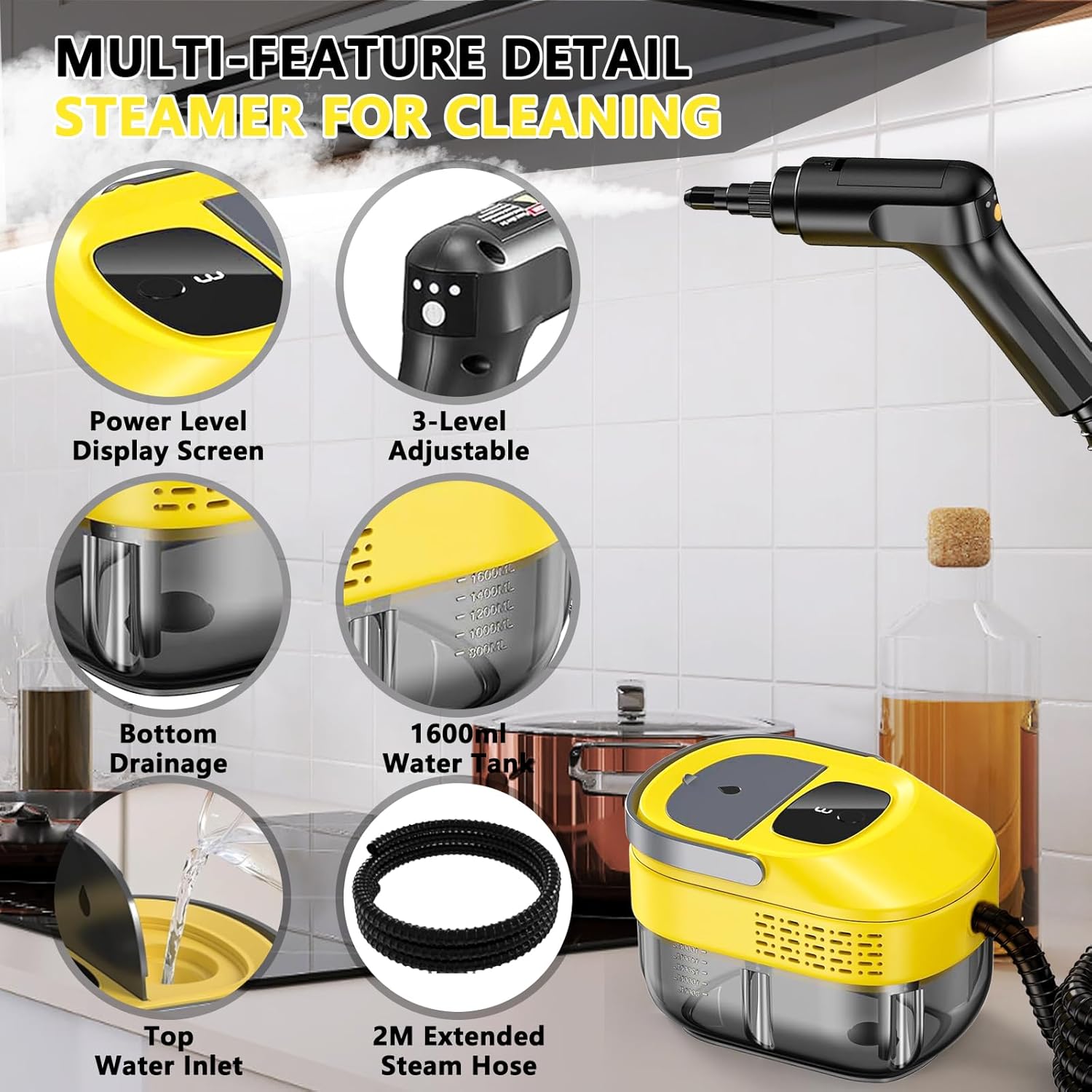 Skiennix Handheld Steam Cleaner - 3 Level Adjustable & Quick 10s Heat-Up | 1.6 Qt Portable Cleaner (Yellow)