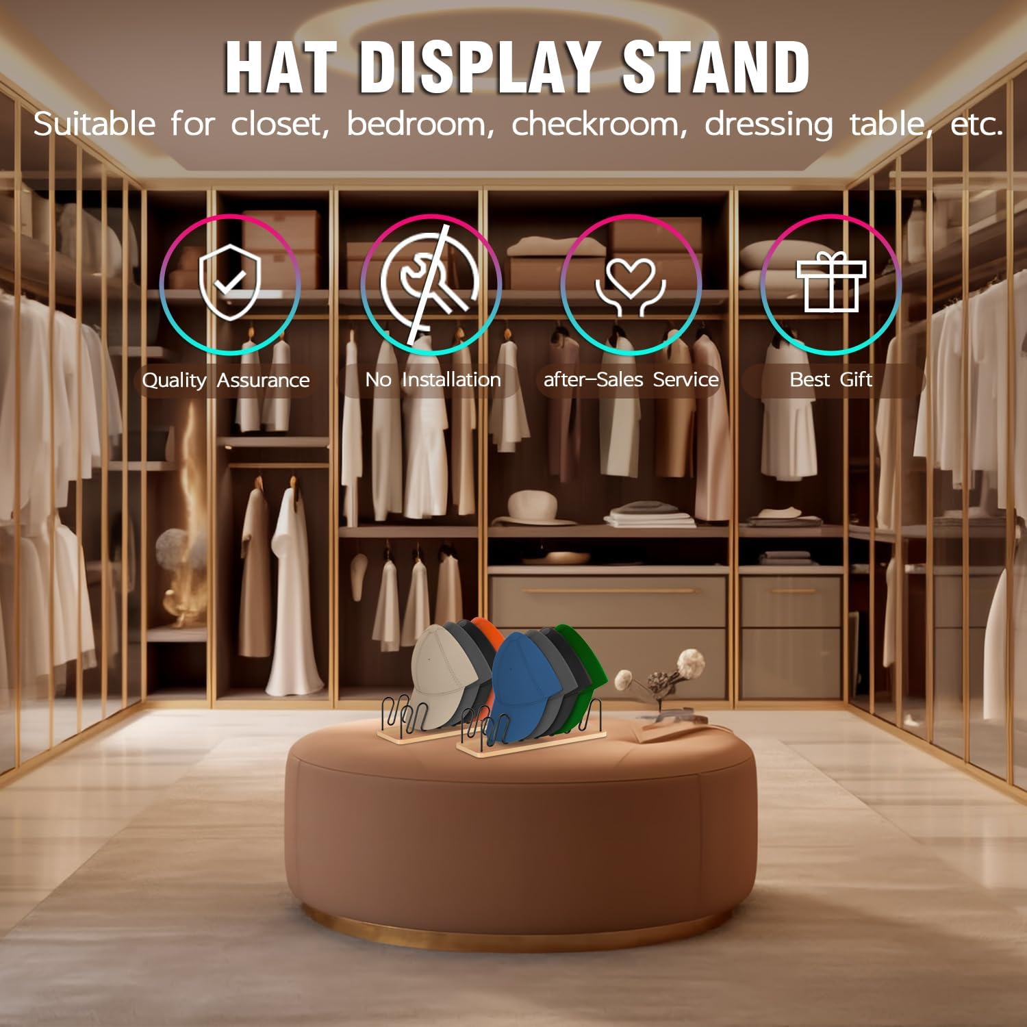 UdoUto Hat Organizer for Baseball Caps - 2 Pack | Space-Saving Wood & Metal Rack Holds 14 Caps