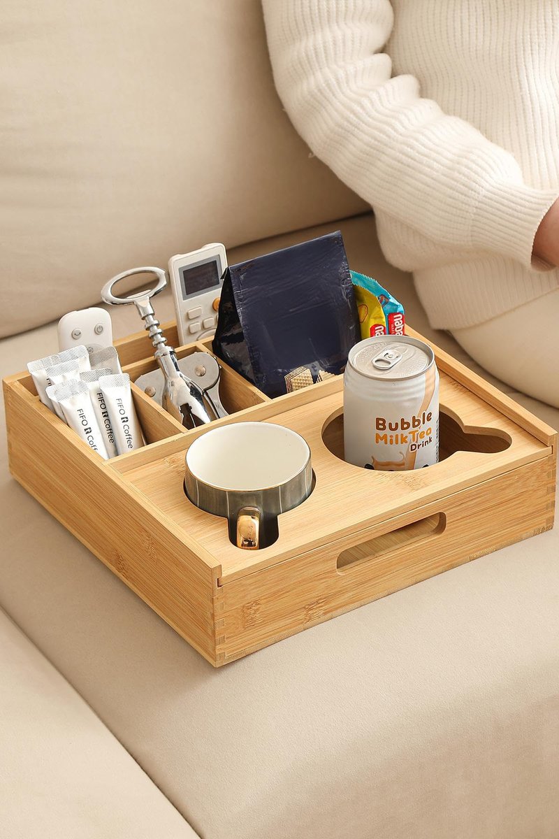 ROCDEER Couch Caddy,Bamboo Couch Cup Holder Tray with 6 Compartments, Sofa and Bed Organizer for Drinks, Snacks, and Remotes