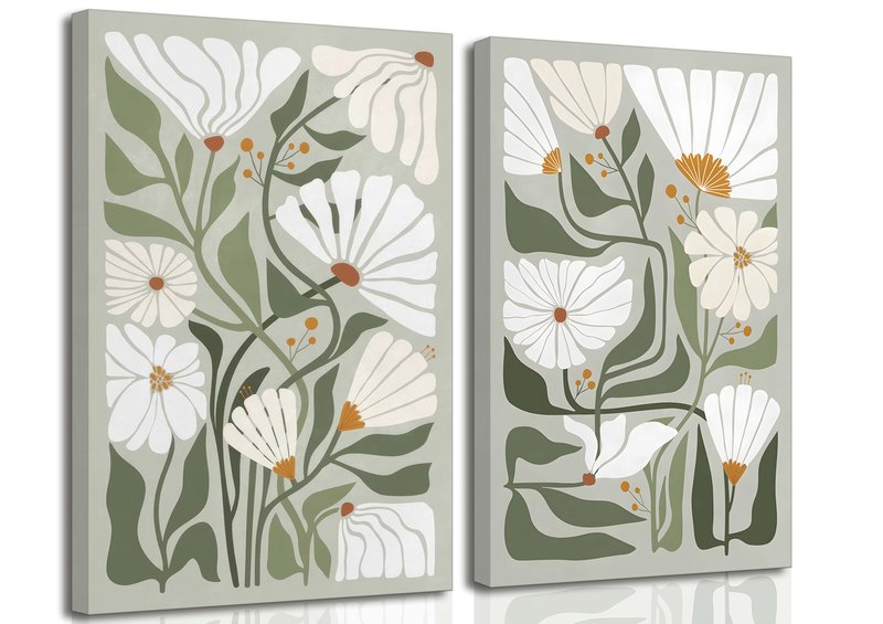 2 Pcs Boho Wildflowers Canvas Wall Art Green Bohemia Abstract Floral Botanical Painting Picture Wall Decor Poster Print Artwork for Living Room Bedroom Bathroom Home Decoration