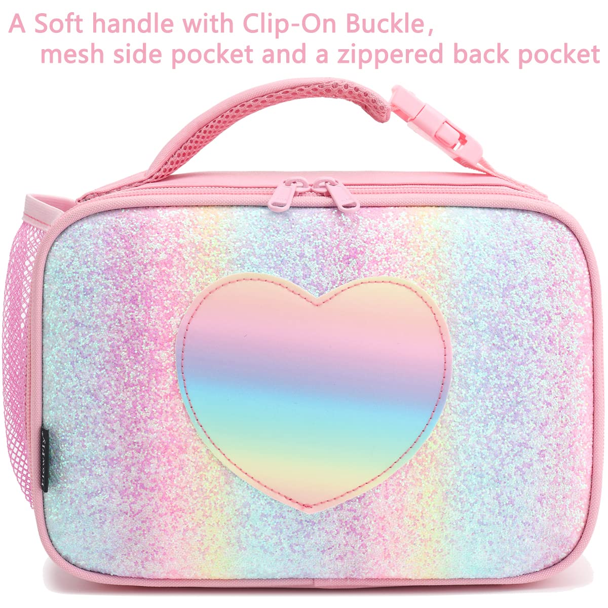 FlowFly Kids Lunch box Insulated Soft Bag Mini Cooler Back to School Thermal Meal Tote Kit for Girls, Boys, Glitter-RainBow