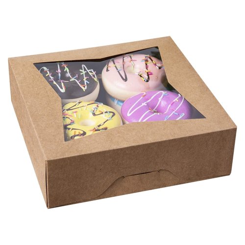 ONE MORE [15pcs] 8" Brown Bakery Pie Boxes, Kraft Cardboard Cookie Box with Window Auto-Popup Natural Disposable Pastries Boxes 8x8x2.5inch,Pack of 15