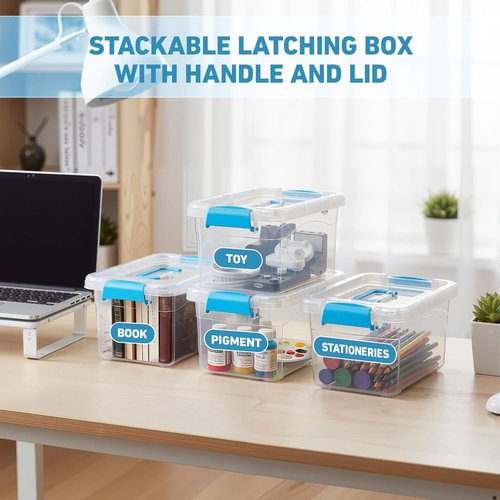 Jetec Clear Plastic Storage Container Bins - 8 Pack with Lids & Blue Handles, 6.5 Qt, Stackable Organizer for Home & Office