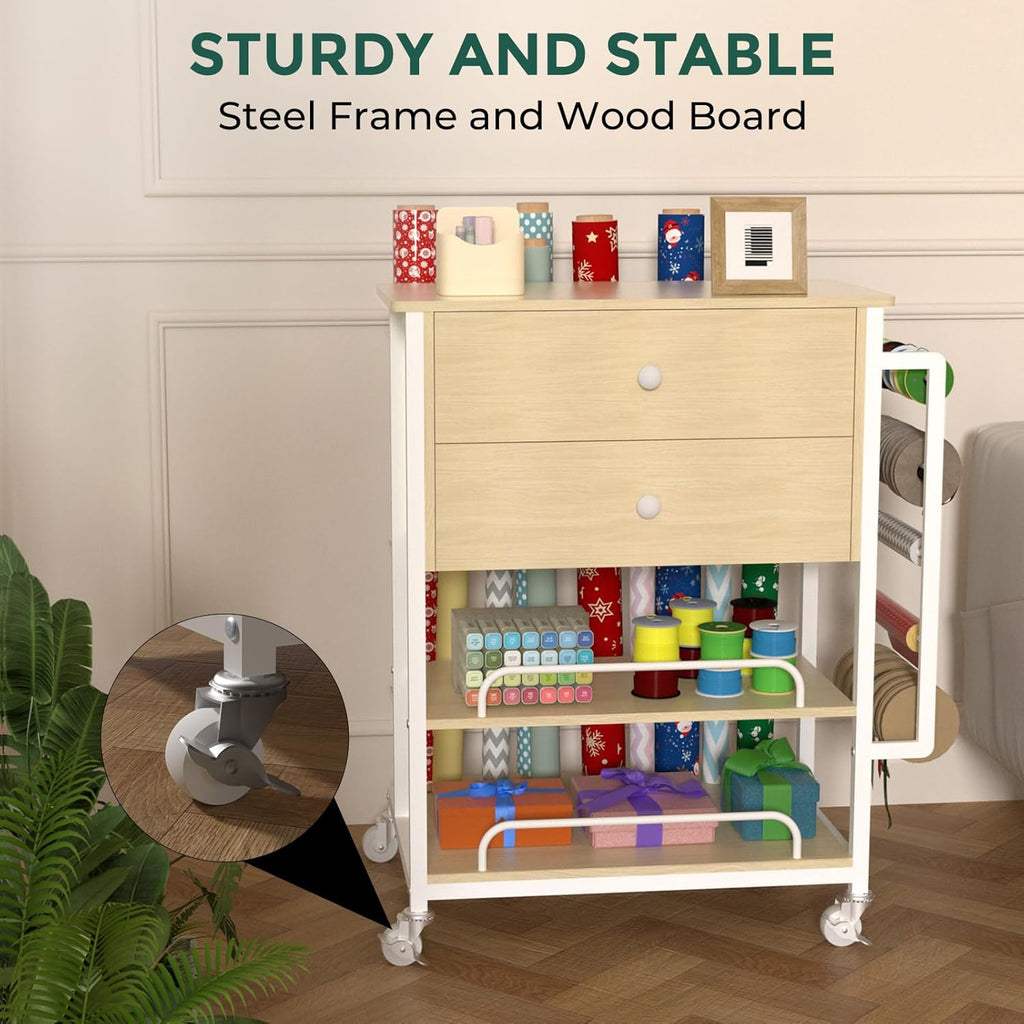 Skiennix Wrapping Paper Organizer - Craft Cart with Ribbon & Gift Bag Storage | Oak Finish, 2 Drawers