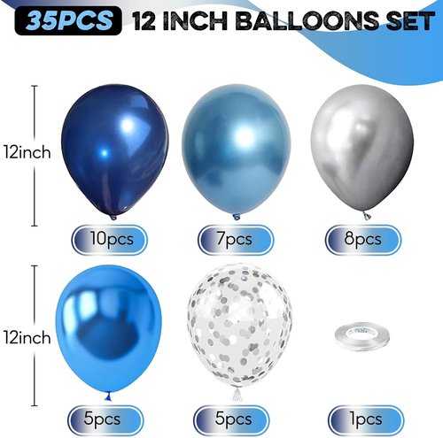 Blue Silver Balloons Set - 12 Inch Navy & Confetti Latex Balloons for Birthday, Graduation & Weddings
