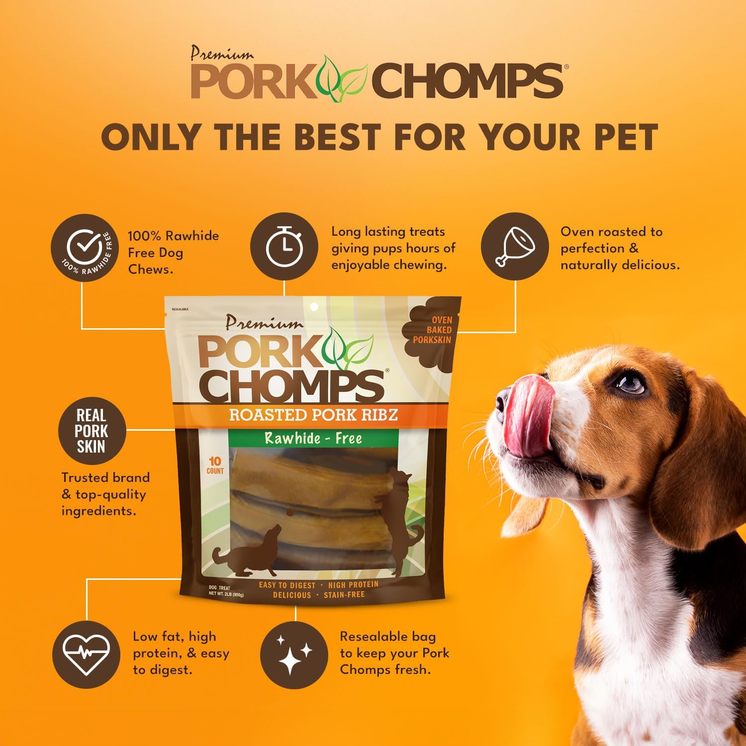 Pork Chomps Roasted Pork Skin Dog Chews - Long-Lasting, High Protein Treats | 6 Inch Rib Shapes, 10 Count