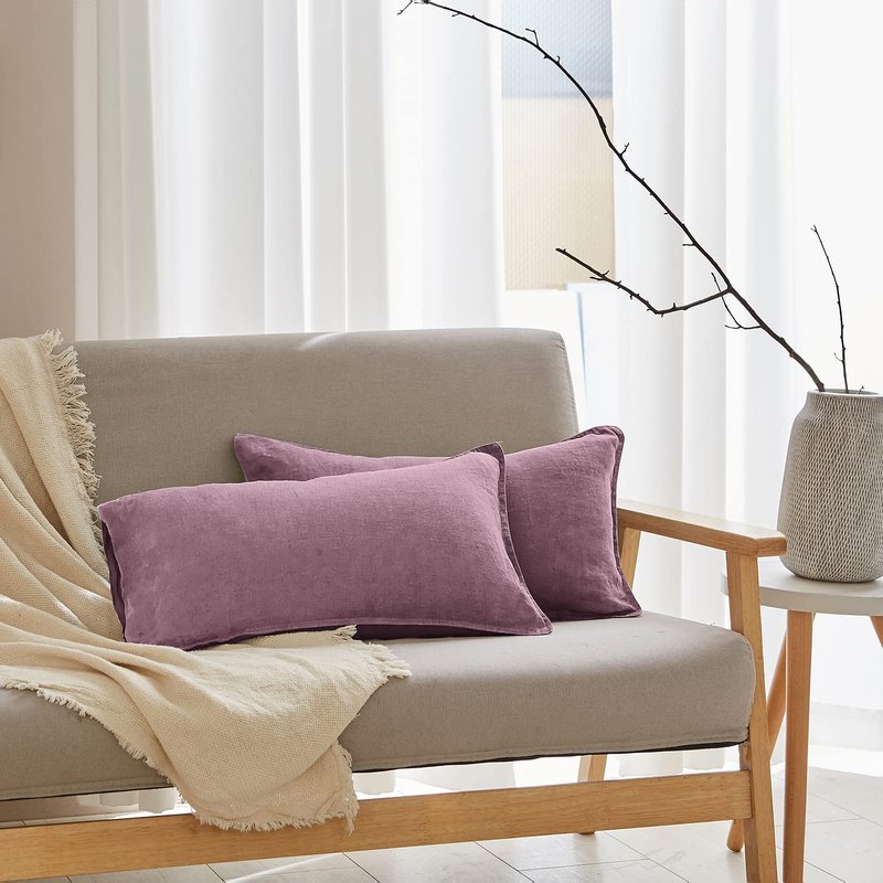 Simple&Opulence 100% Linen Lumbar Pillow Cover 12 x 20 Inches Set of 2 Rectangular Decorative Throw Cushion Cover for Couch Sofa Bed Living Room Office Soft Breathable Farmhouse - Purple