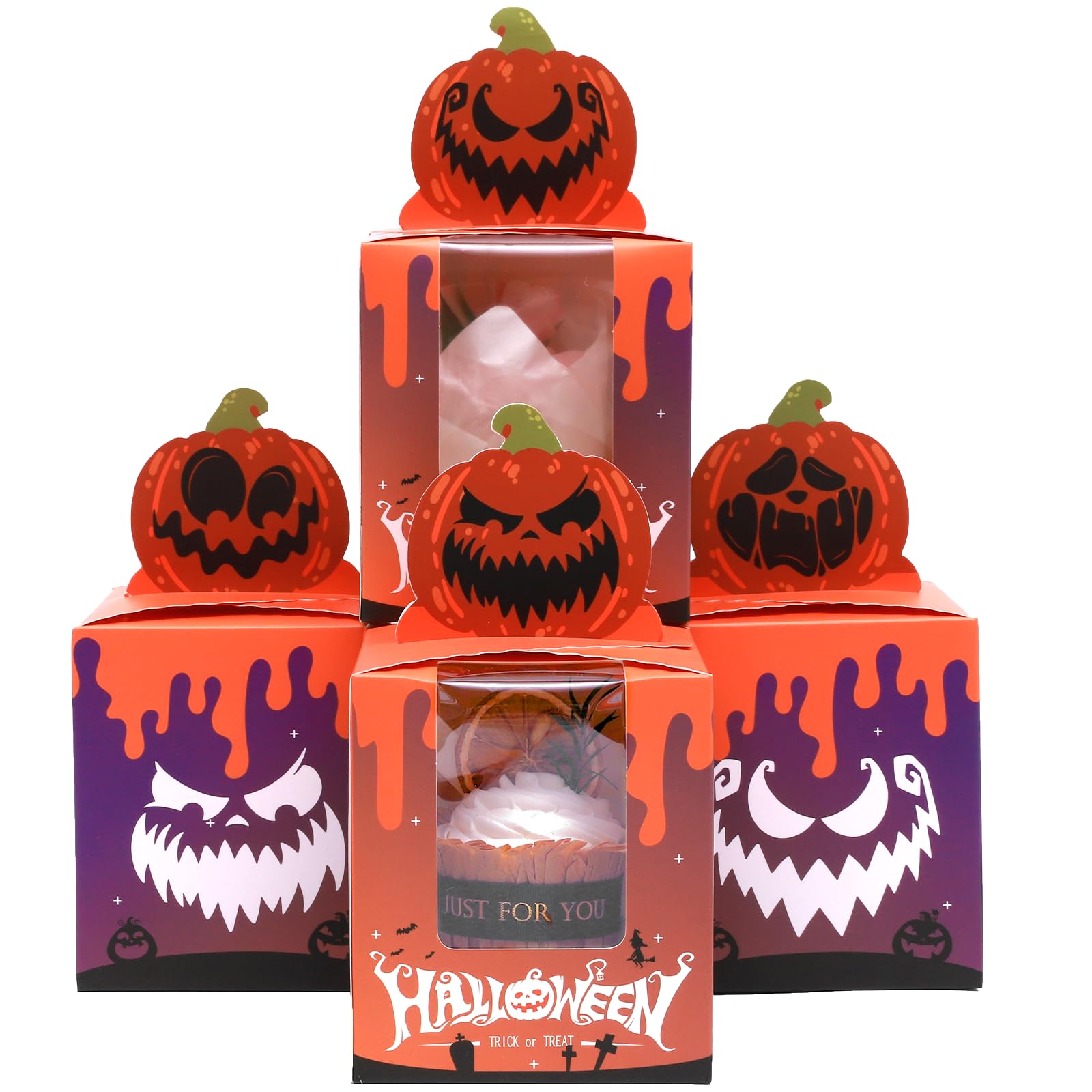 qiqee Halloween Individual Cupcake Boxes Cupcake Holders Disposable 60pcs Single Cupcake Boxes with Window 3.7" 3.7"*4.5" Cupcake Containers For Halloween