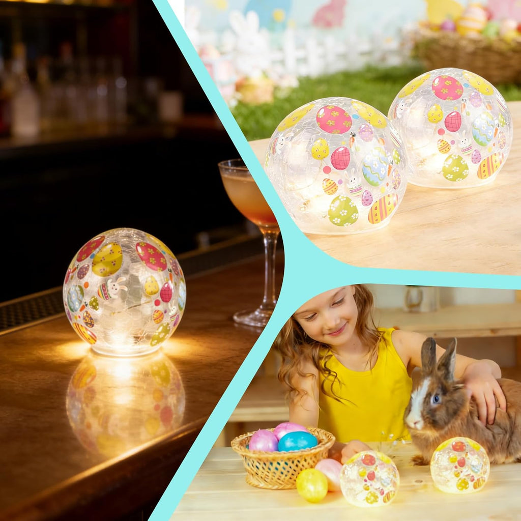 Skiennix Easter Glass Ball Lights - 2PCS LED Bunny Crackle Tabletop Lamps | 3.93'' Decorative Battery Operated Spheres