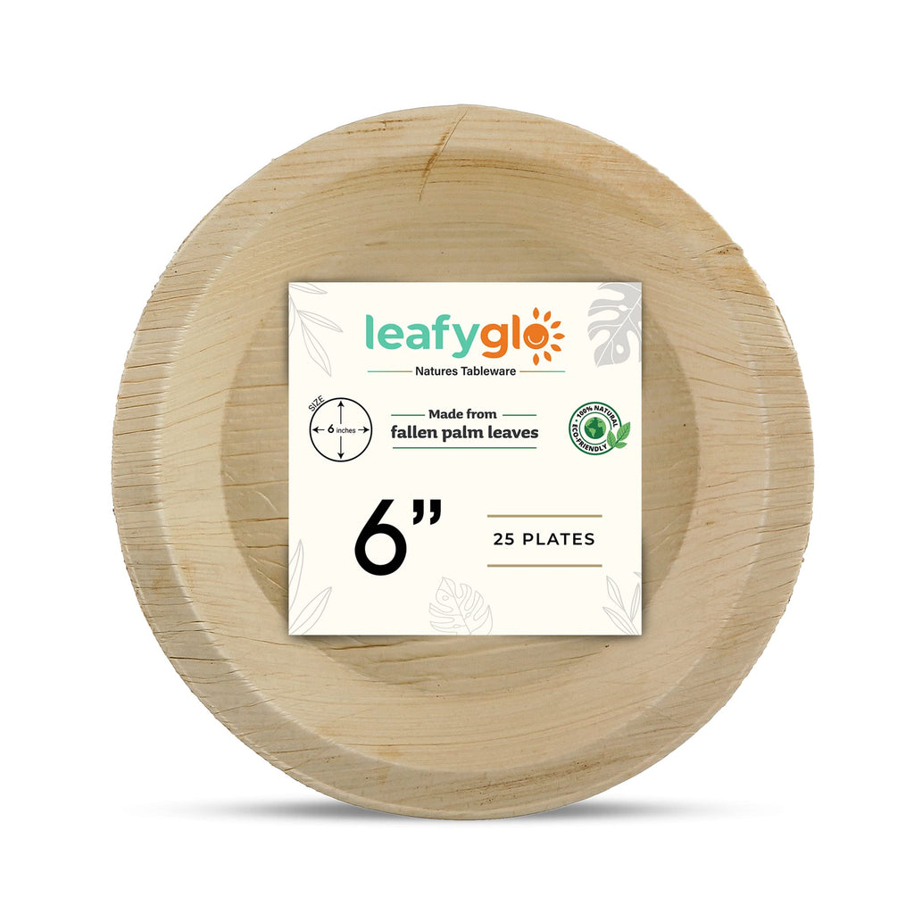 Leafyglo - 6 Inch Round Palm Leaf Plates, Disposable Plates for Party, Natural Wooden Plates, Disposable Plates Bulk, Use As Dessert Plates, Appetizer Plates, & Picnic Plates, Pack of 25