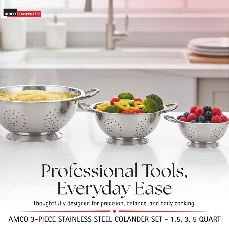 Amco 3-Piece Stainless Steel Colander Set - Multiple Sizes - 1.5, 3, 5 Quart - Durable, Professional Grade Design with Handles for Easy Transfer - Ideal Kitchen Strainer for Cooking & Washing