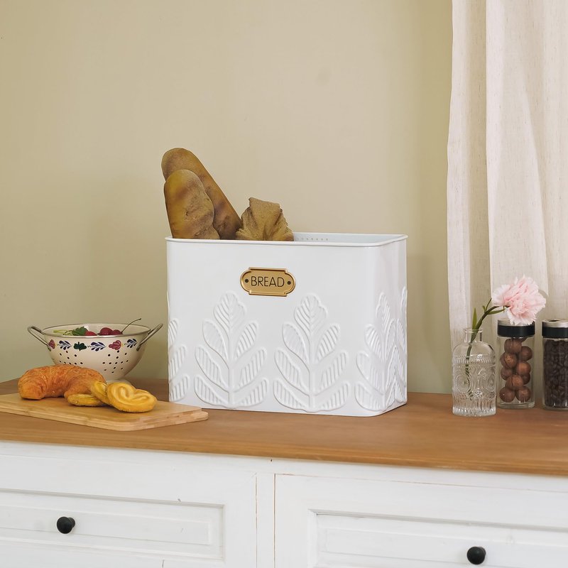 NIKKY HOME Extra Large Space Saving Farmhouse White Bread Box With Bamboo Lid - Holds 2 Loaves - Vertical Breadbox Bread Storage Bin Holder for Kitchen Countertop, Plant Embossed Pattern