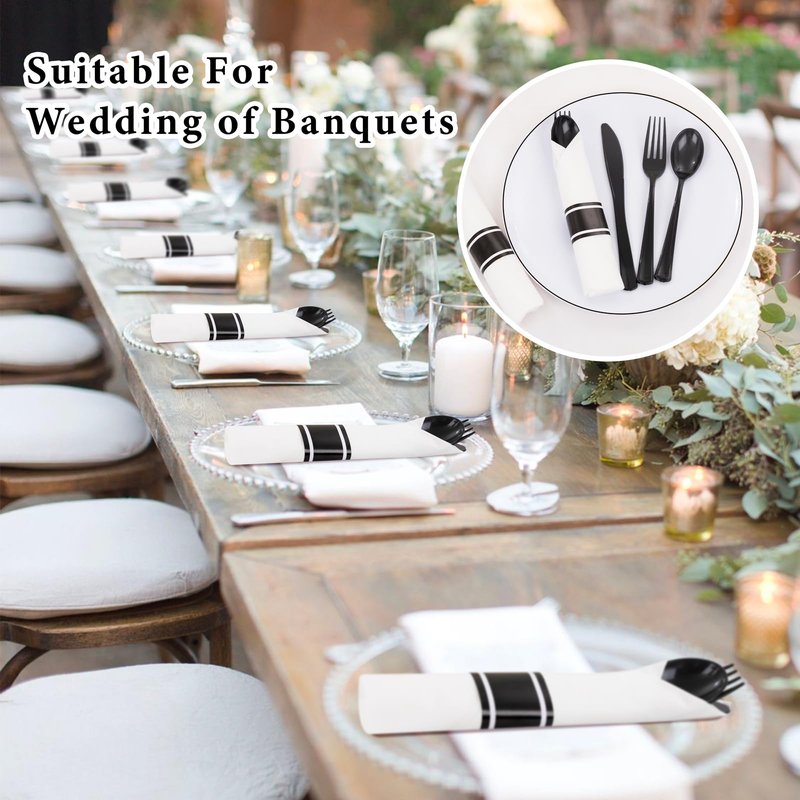 Supernal 120 Pack Black Plastic Silverware,Rolled Silverware Disposable,Pre Wrapped Cutlery Set with Napkin,Plastic Utensils Heavy Duty, Rolled Black Cutlery