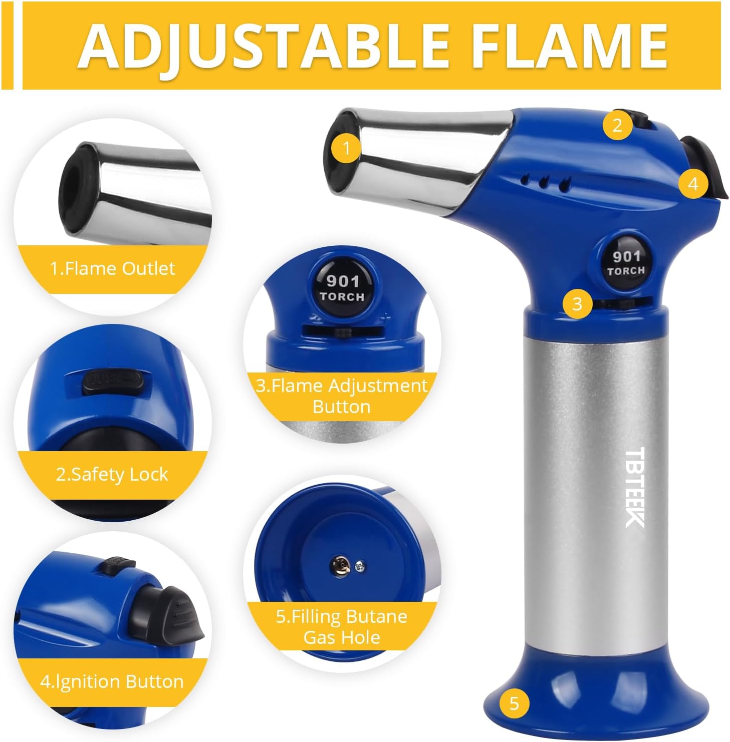 TBTEEK Butane Torch T901 - Adjustable Flame Kitchen Torch with Safety Lock | Ideal for Cooking, BBQ, Baking & DIY - Blue