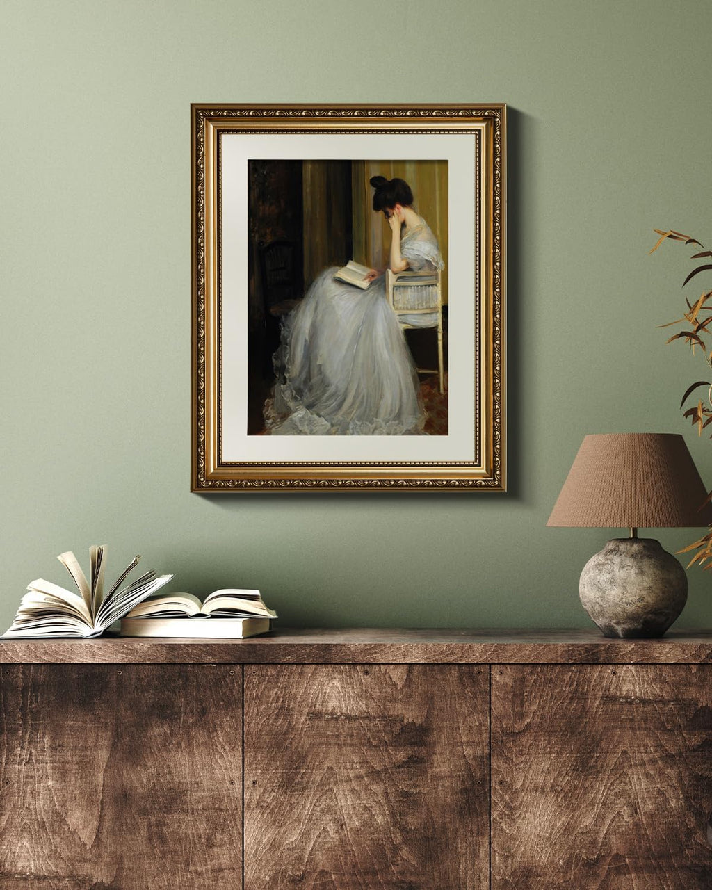 VIYYIEA Gold Framed Wall Art - Vintage Women Reading Canvas Print for Living Room | 13x16in