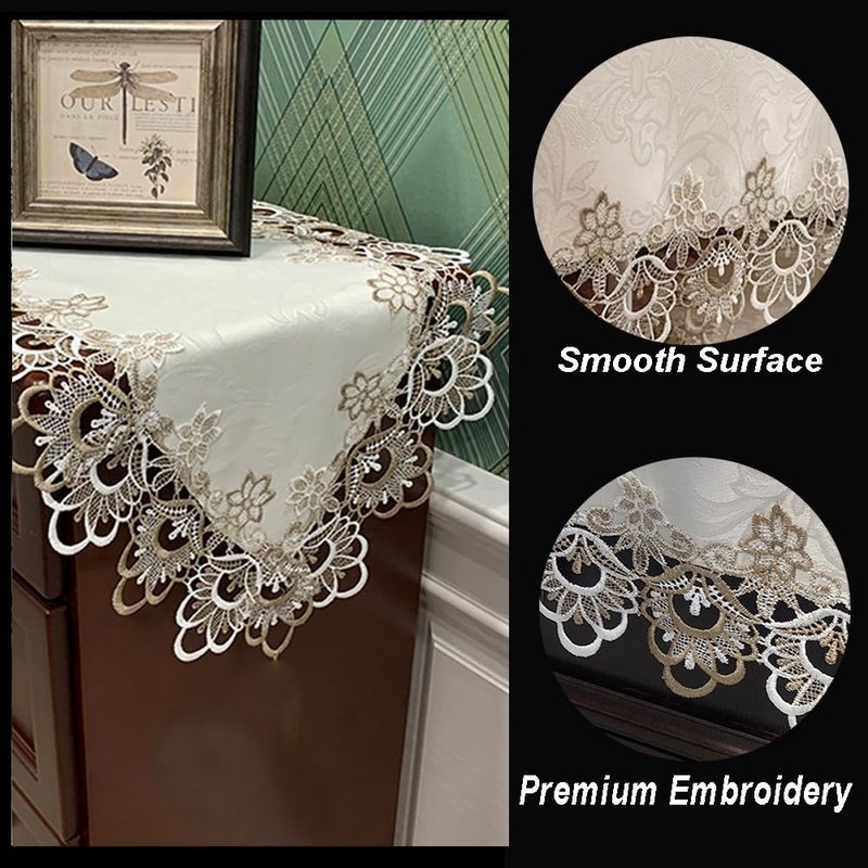 AMZALI Macrame Table Runners for Party, 70inch Runner Lace Floral Embroidered Rectangle Dresser Scarf Wedding Tabletop Table Decorations for Home and Dining Room Beige & White