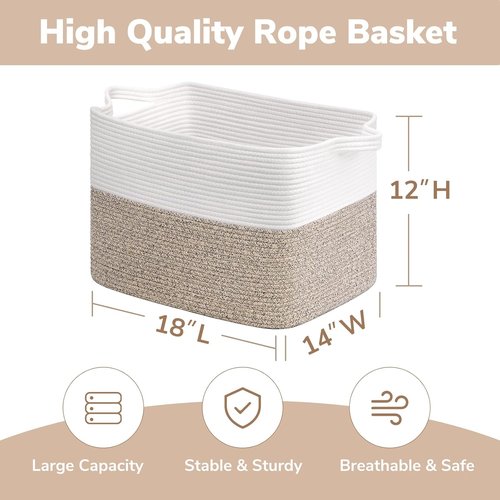 Goodpick Woven Baskets - Large 18" x 14" x 12" Rectangle Storage for Blankets & Toys | White & Brown Home Decor