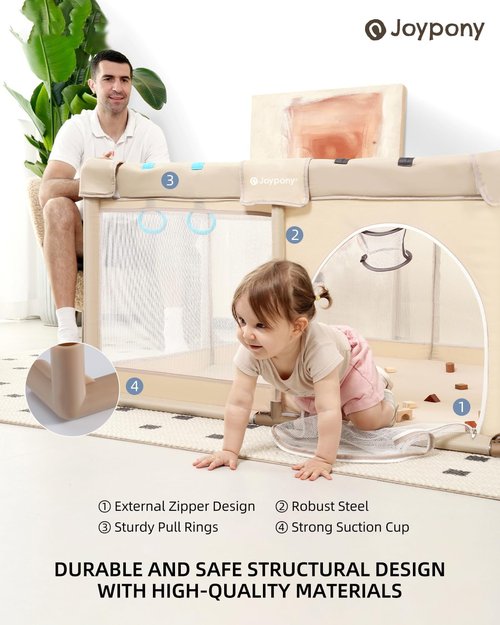 Joypony Baby Playpen - 50x50 Inch Safe Play Yard for Babies & Toddlers | Soft Mesh Design (Beige)