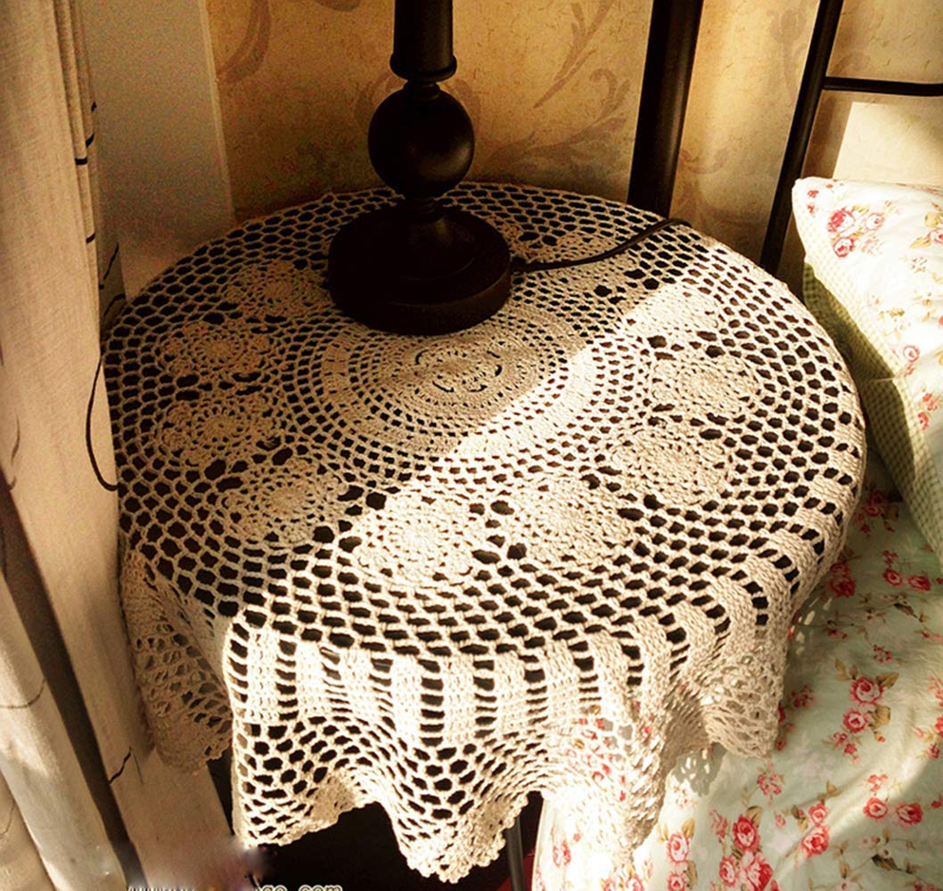 Hetao 100% Cotton Handmade Crochet Round Tablecloth Doilies Lace Table Covers,Beige, 31 Inch