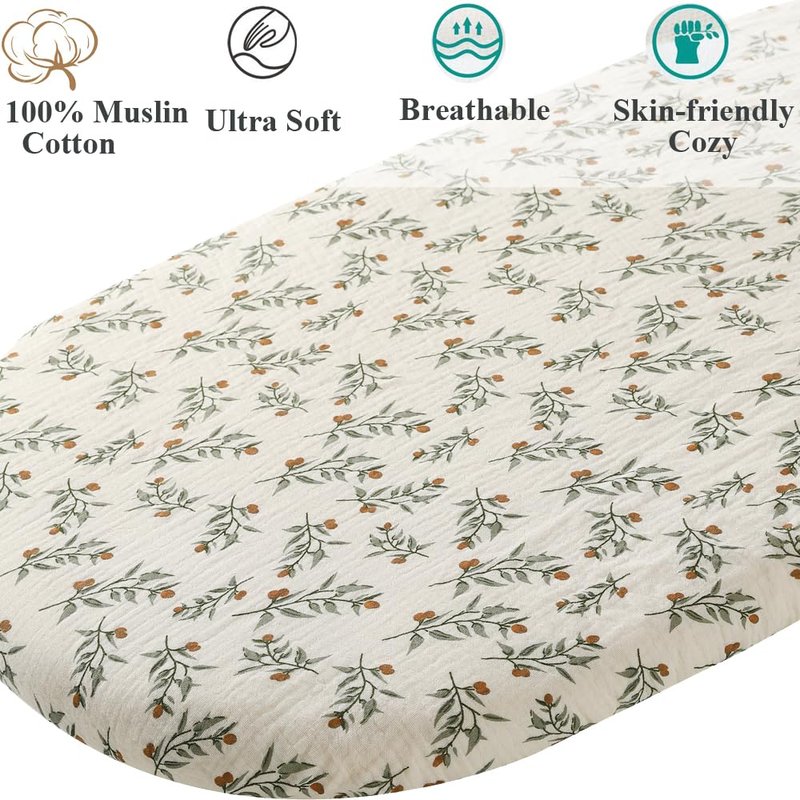 Muslin Bassinet Sheet Compatible with Maxi-COSI Iora,Swift Lightweight Portable Bassinet, AMKE Baby Bassinets, 2 Pack Cotton Stylish Boho Fitted Bassinet Sheets for Baby Roman Green & Botanical Leaf