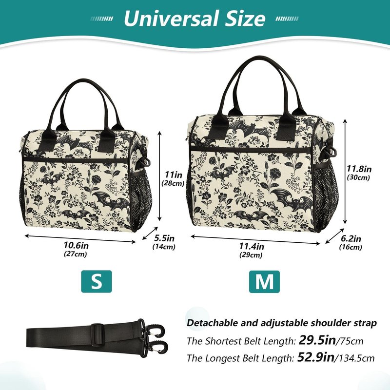 Goth Bat Pattern Lunch Bag & Lunch Box for Women with Adjustable Shoulder Belt Insulated Portable Lunch Tote Bag Cooler Bag for Girls Travel Office Picnic