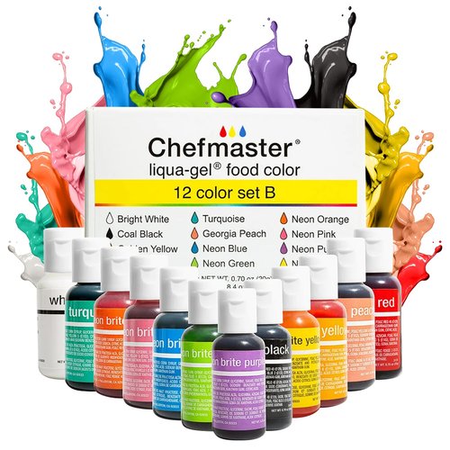 Chefmaster - Liqua-Gel Food Coloring - 12 Vibrant Colors - Fade-Resistant & Easy-To-Blend Formula