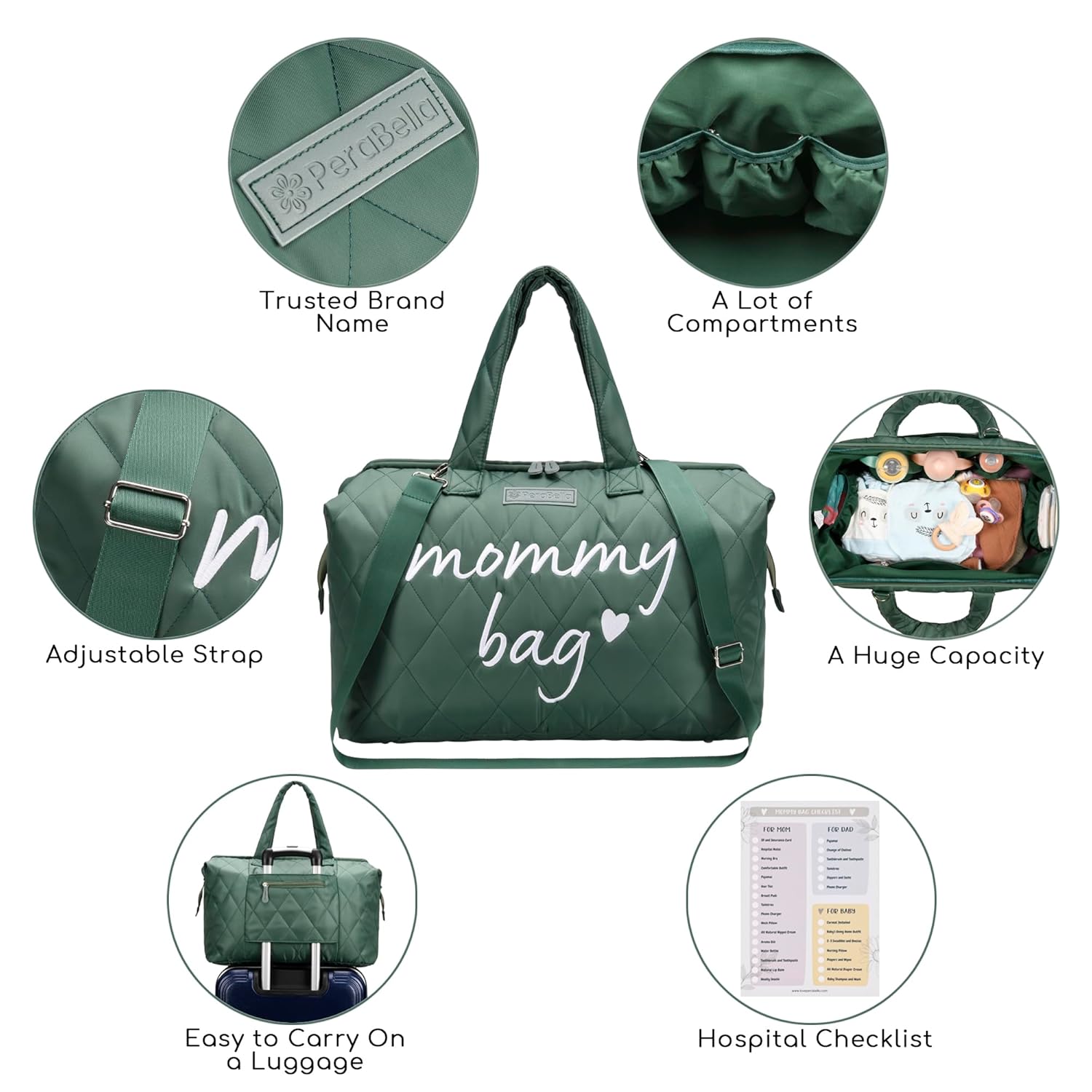 PeraBella Mommy Bag - Stylish Hospital Bag for Labor & Delivery | Maternity Diaper Bag - Green
