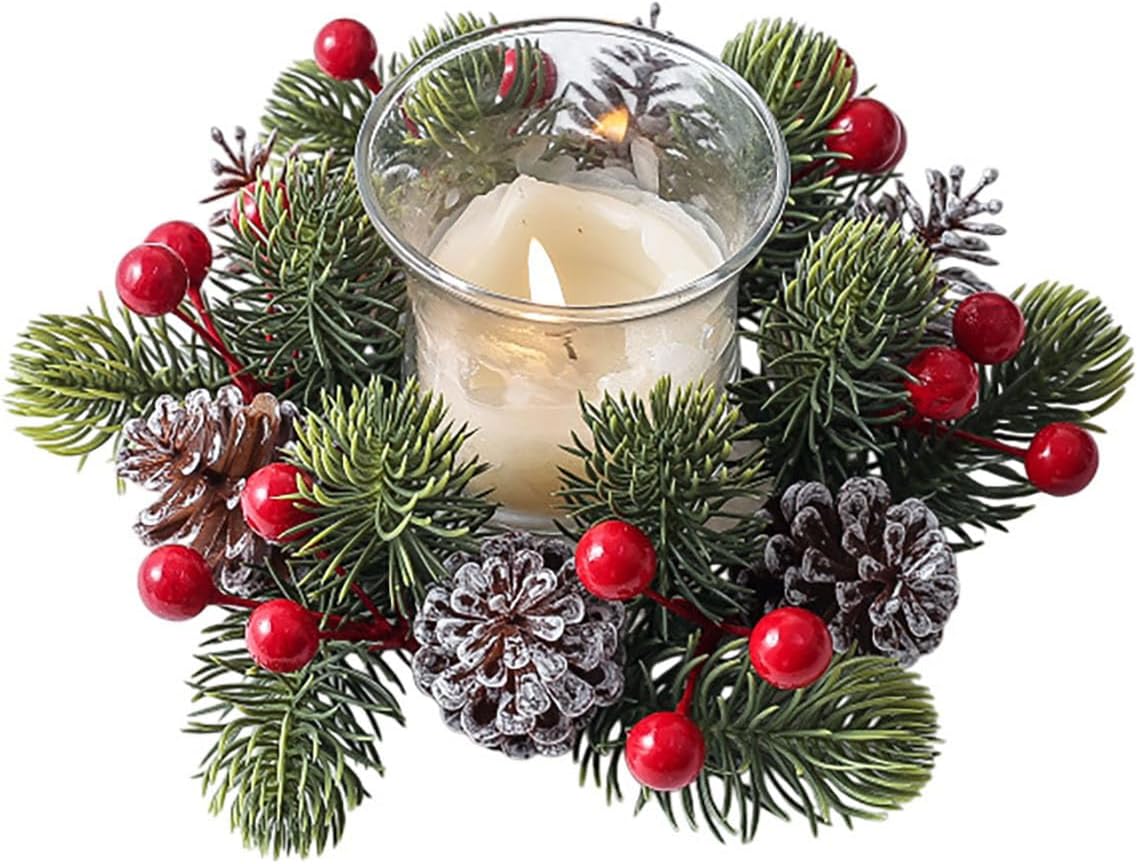 Skiennix Christmas Candle Rings - Artificial Berries & Pinecones Wreaths | 3-Inch Centerpiece for Holiday Decor (Set of 2)